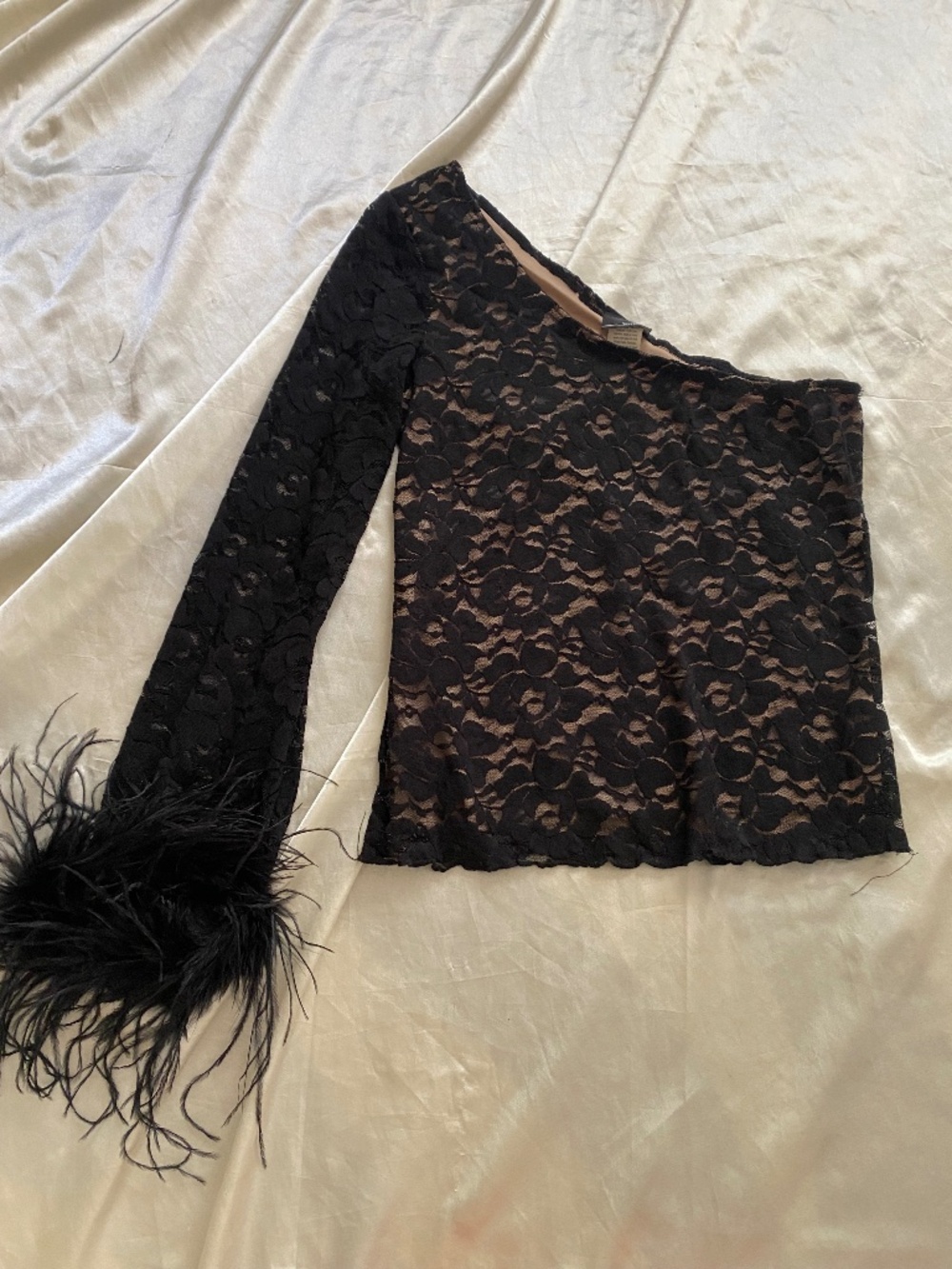 Vintage y2k Black Lace One Shoulder Feather Top Goth Party Fairy Medium